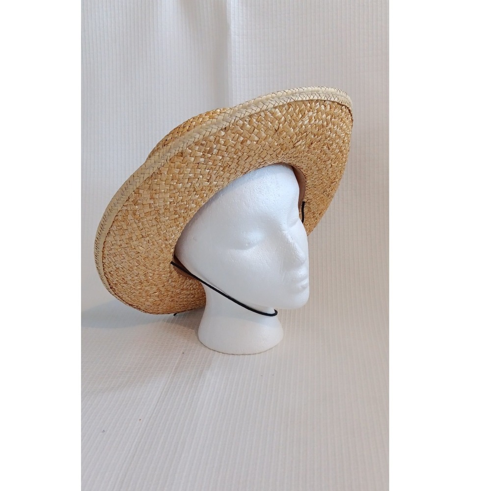Vintage Made in USA Straw Boater Hat Large Natural Woven Mid Brim Abstract Band - Picture 3 of 9